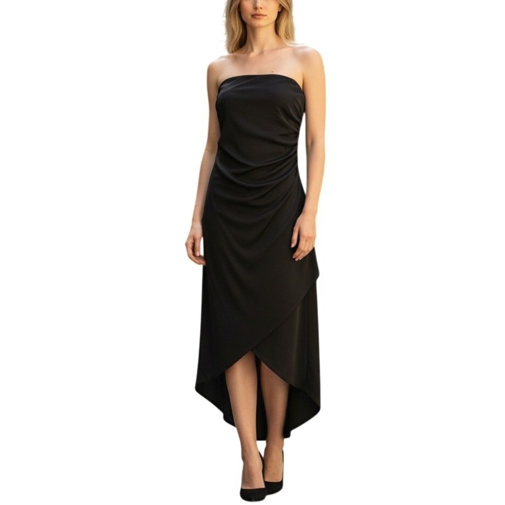 Vtg City Triangles Black Strapless Ruched Asymmetrical Hi-Low Dress M HOCO Y2K